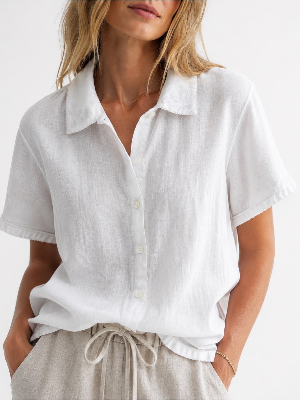 Vintage Talbots 100% Irish Linen White Embroidered Short Sleeve Blouse Size 12